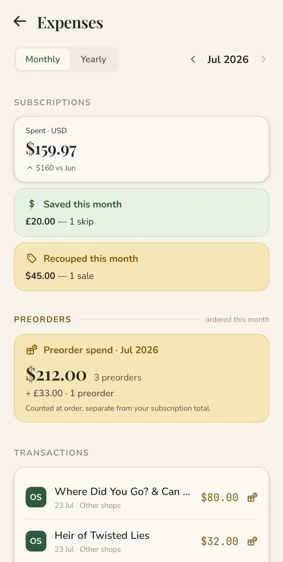 Cratelog expenses view with monthly subscription and preorder totals in multiple currencies