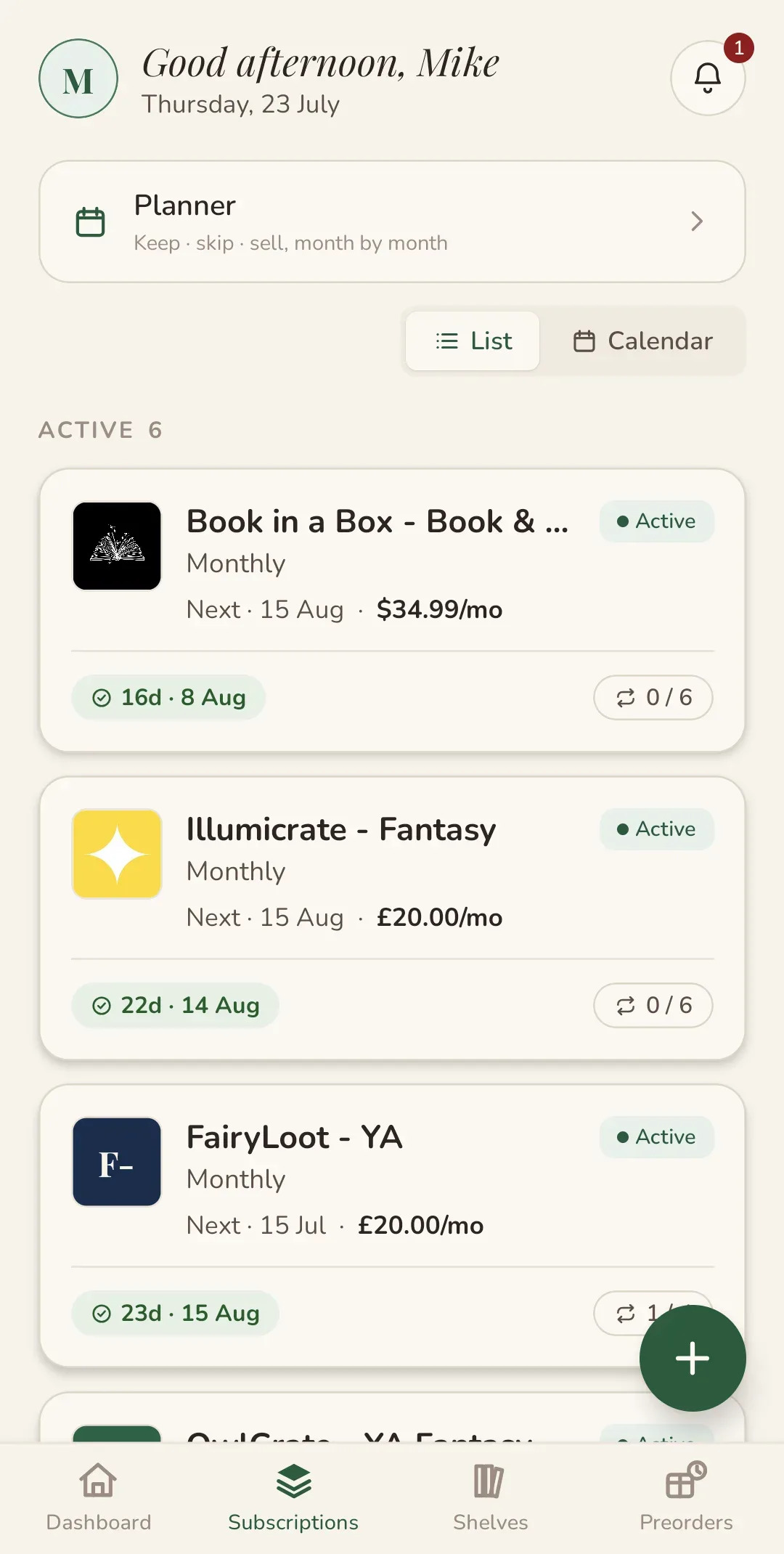 Cratelog subscriptions list showing active book boxes, upcoming charges and skip deadlines
