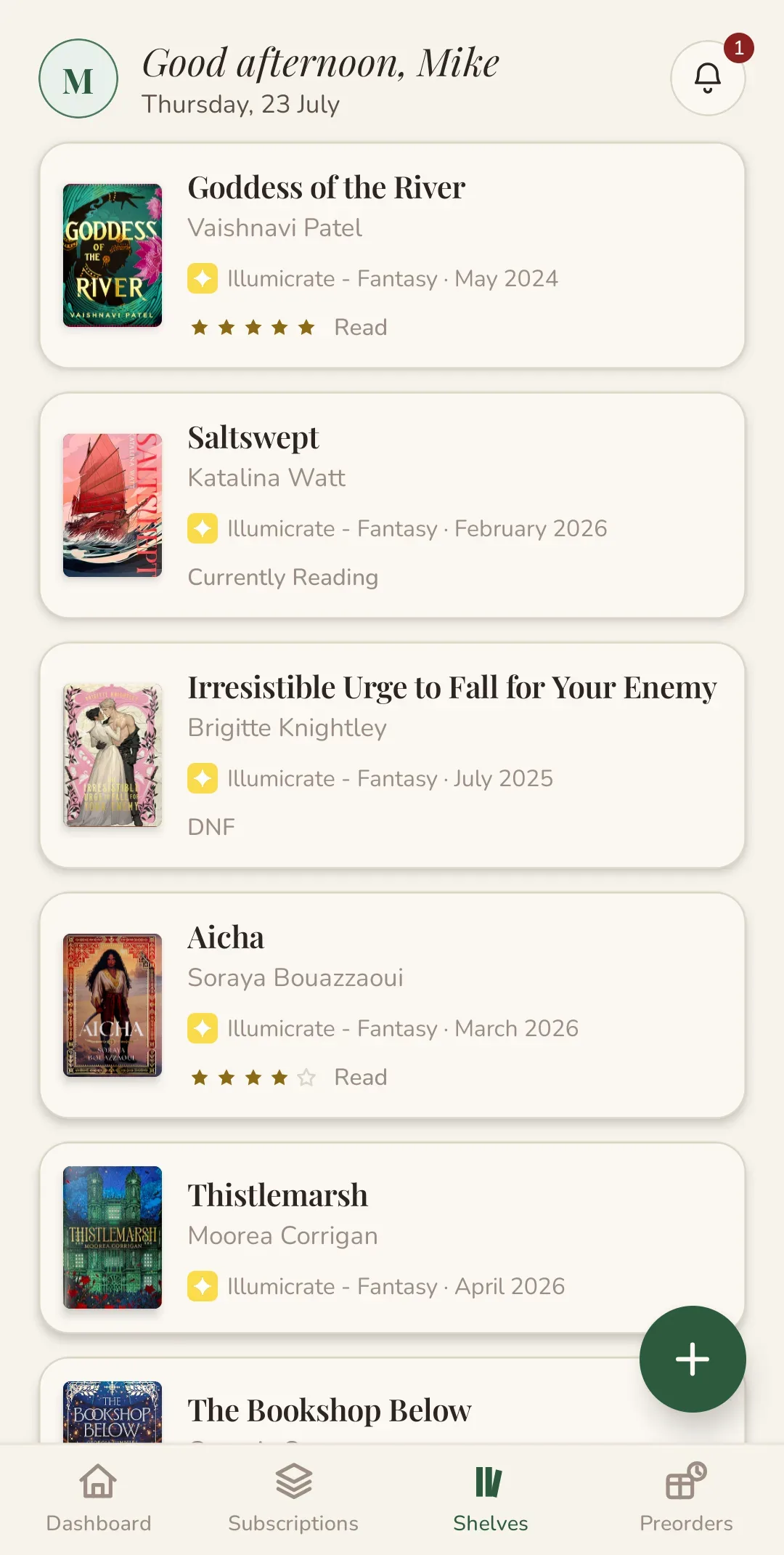 Cratelog library grid showing real book covers and reading statuses