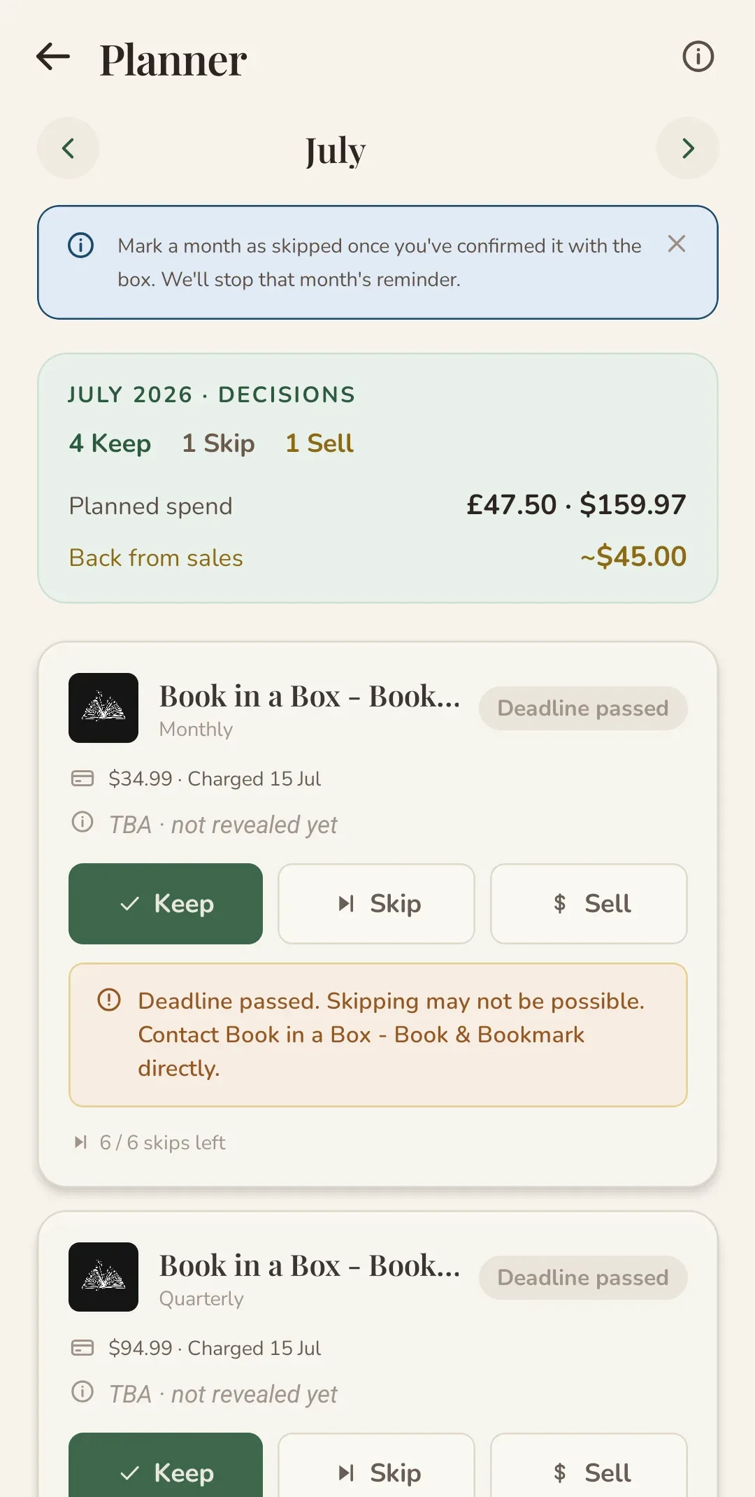 Cratelog Planner with Keep, Skip and Sell decisions, planned spending and a deadline warning