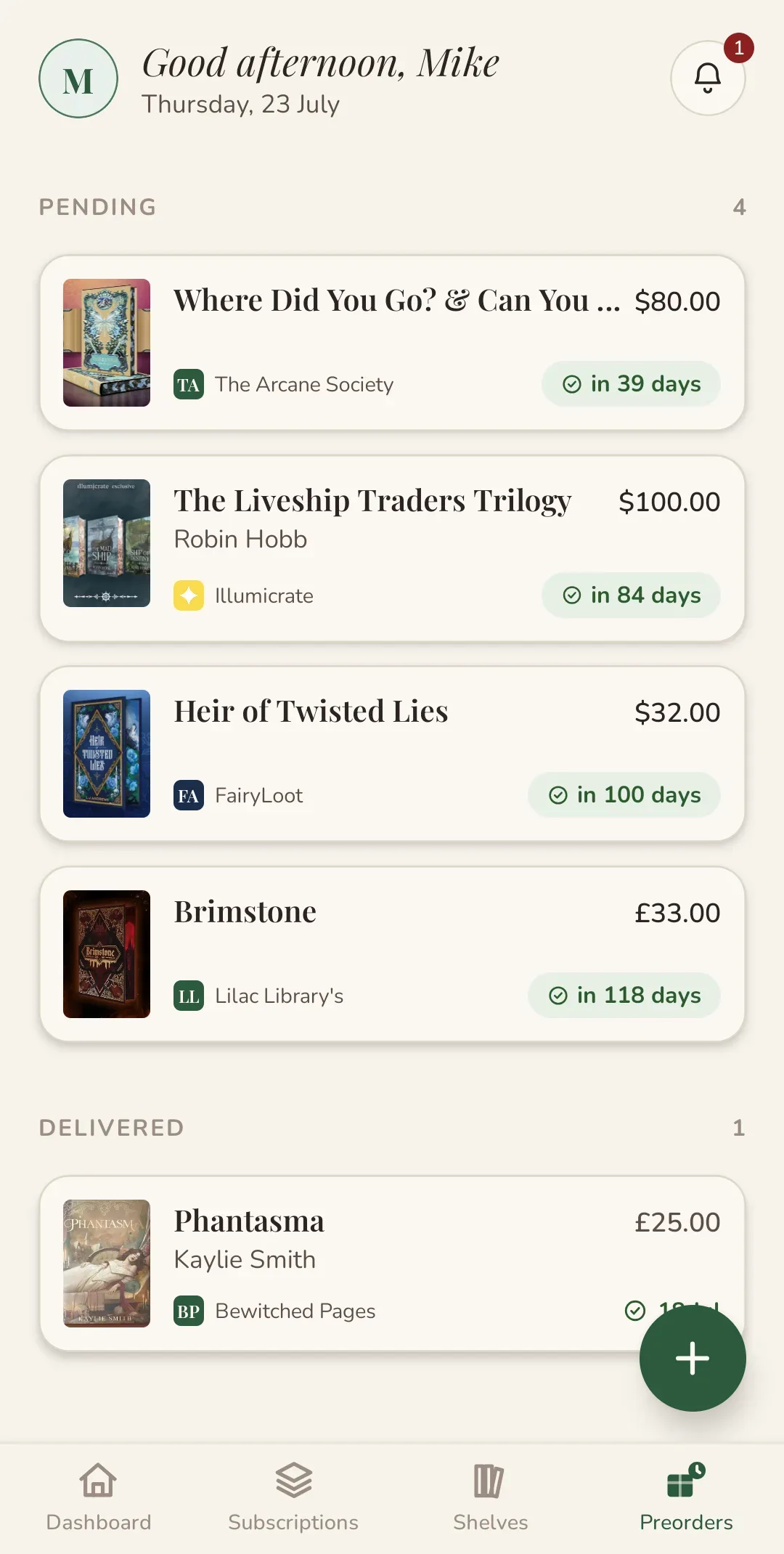 Cratelog preorders list showing special edition books, shops, prices and expected dates